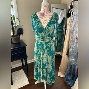 ✨Vintage Bandolino Flirty Green Gold Blue Floral Chiffon Tie Sleeve Sundress 8 M